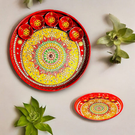 Pooja Thali with 5 Diya Bowls Rhinestone Red Painted Handmade Aarti Rituals Platter Festival Haldi Kumkum Thali Pooja Teej Diwali Wedding Engagement Plate Decorations - Housewarming Gift - LoveNspire