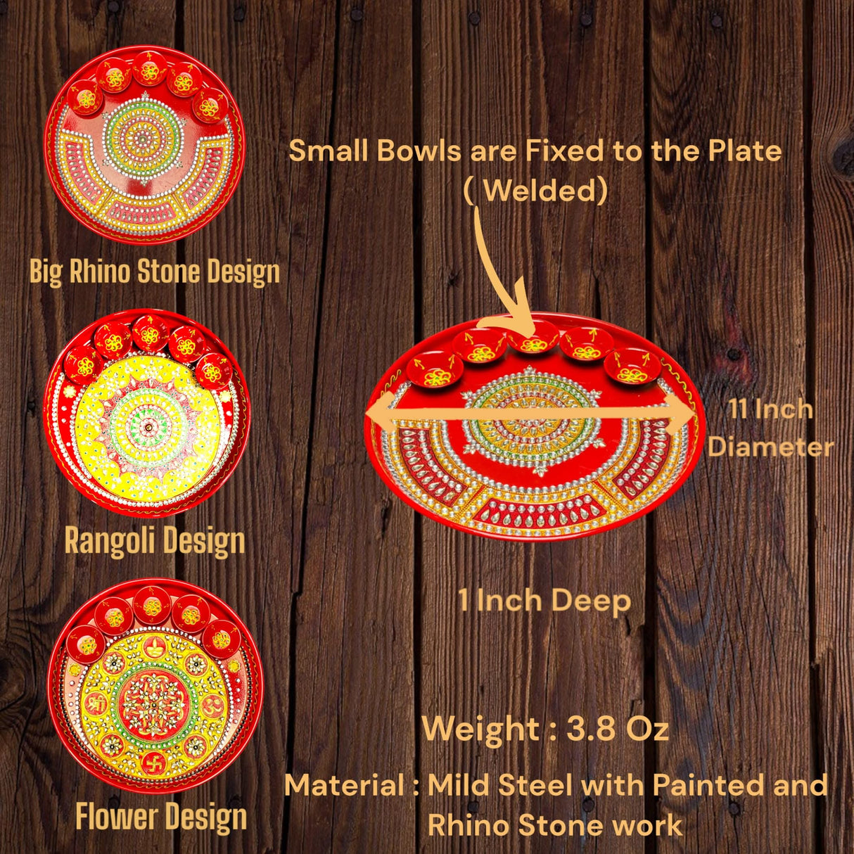 Pooja Thali with 5 Diya Bowls Rhinestone Red Painted Handmade Aarti Rituals Platter Festival Haldi Kumkum Thali Pooja Teej Diwali Wedding Engagement Plate Decorations - Housewarming Gift - LoveNspire