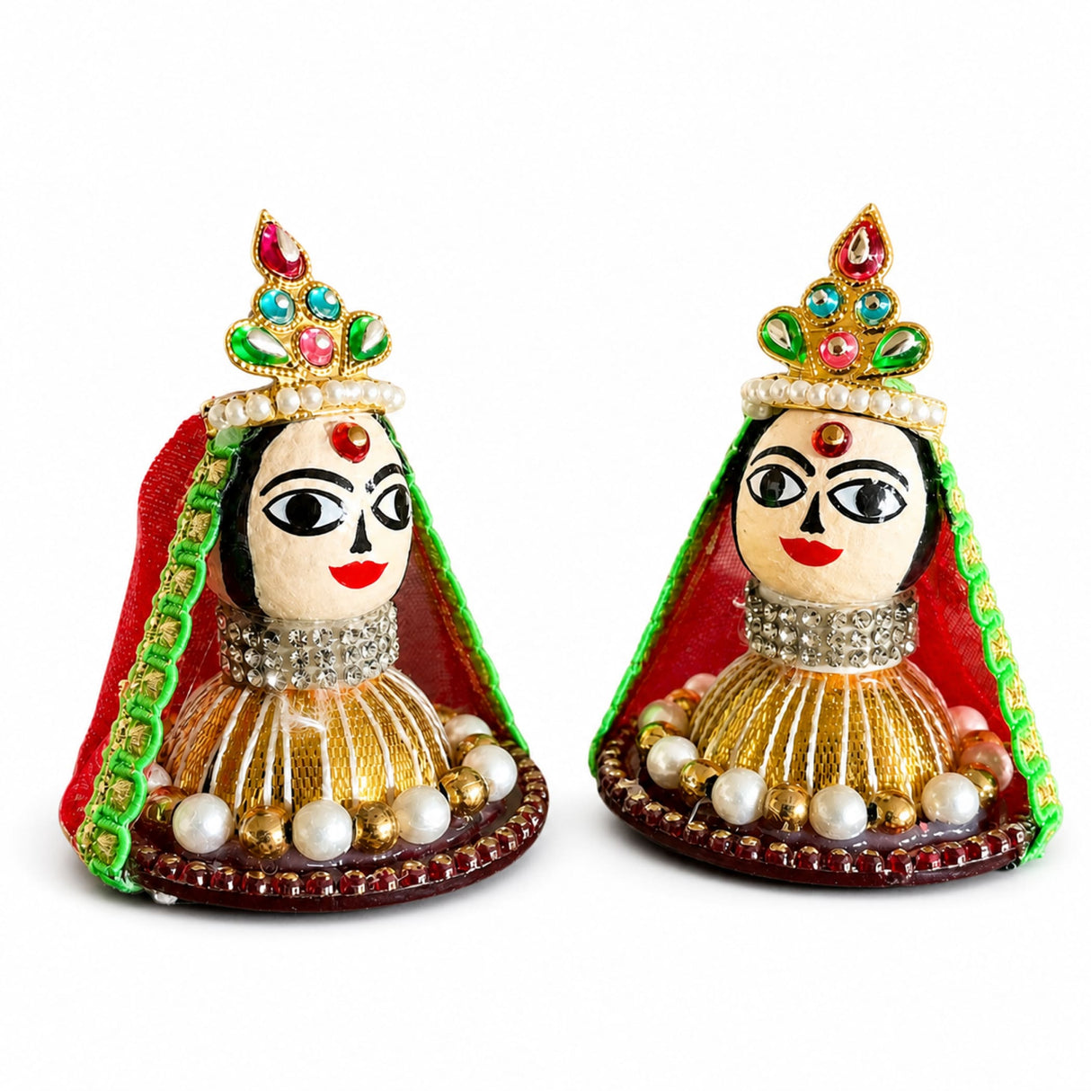 Two 2.5 inch goddess riddhi siddhi idols with painted faces and gemstone crowns for spiritual home decor and pooja gifts