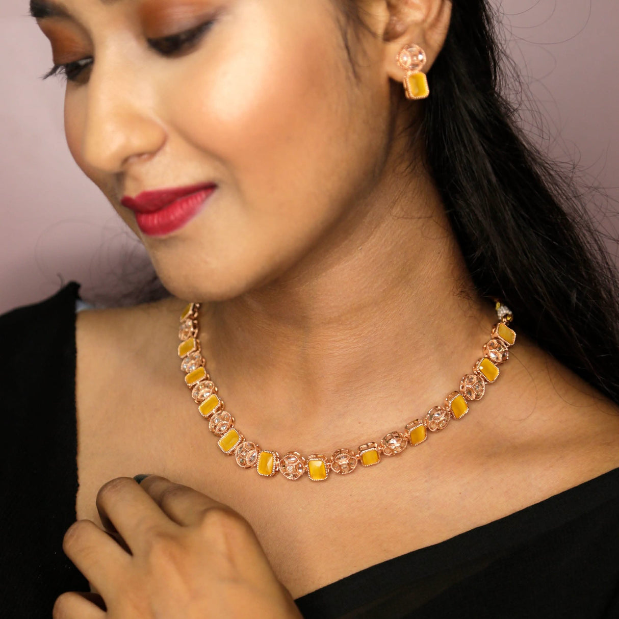 Classic Necklace with Rose Gold Plating Traditional Jewelry Matte Gold Necklace South Indian Jewelry Adjustable Slider Necklace Indian Wedding Favor Necklace for Women - LoveNspire