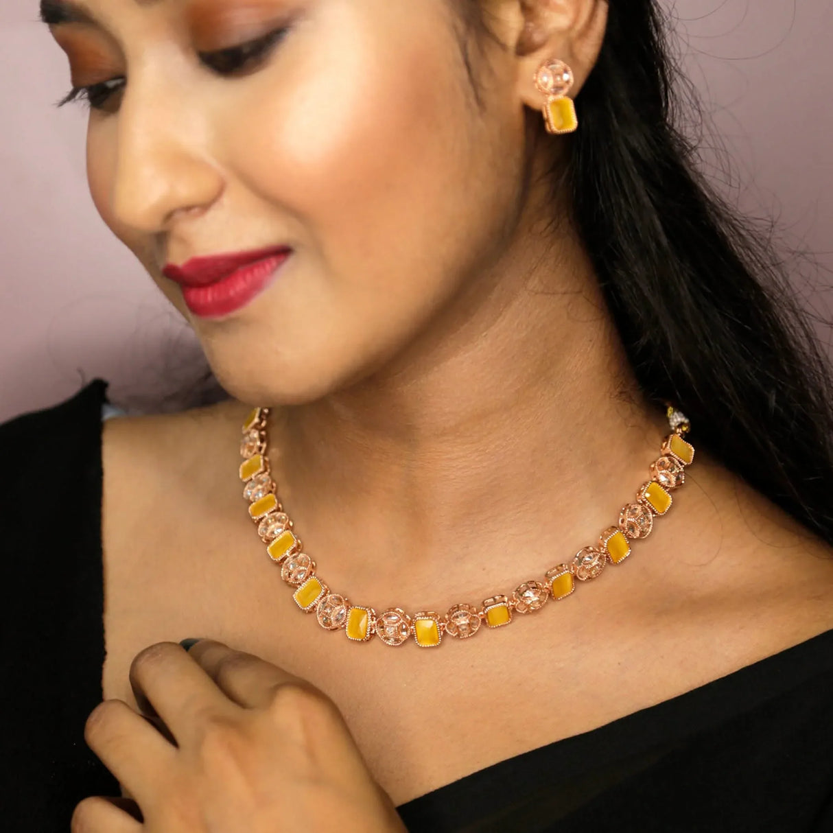 Classic Necklace with Rose Gold Plating Traditional Jewelry Matte Gold Necklace South Indian Jewelry Adjustable Slider Necklace Indian Wedding Favor Necklace for Women - LoveNspire