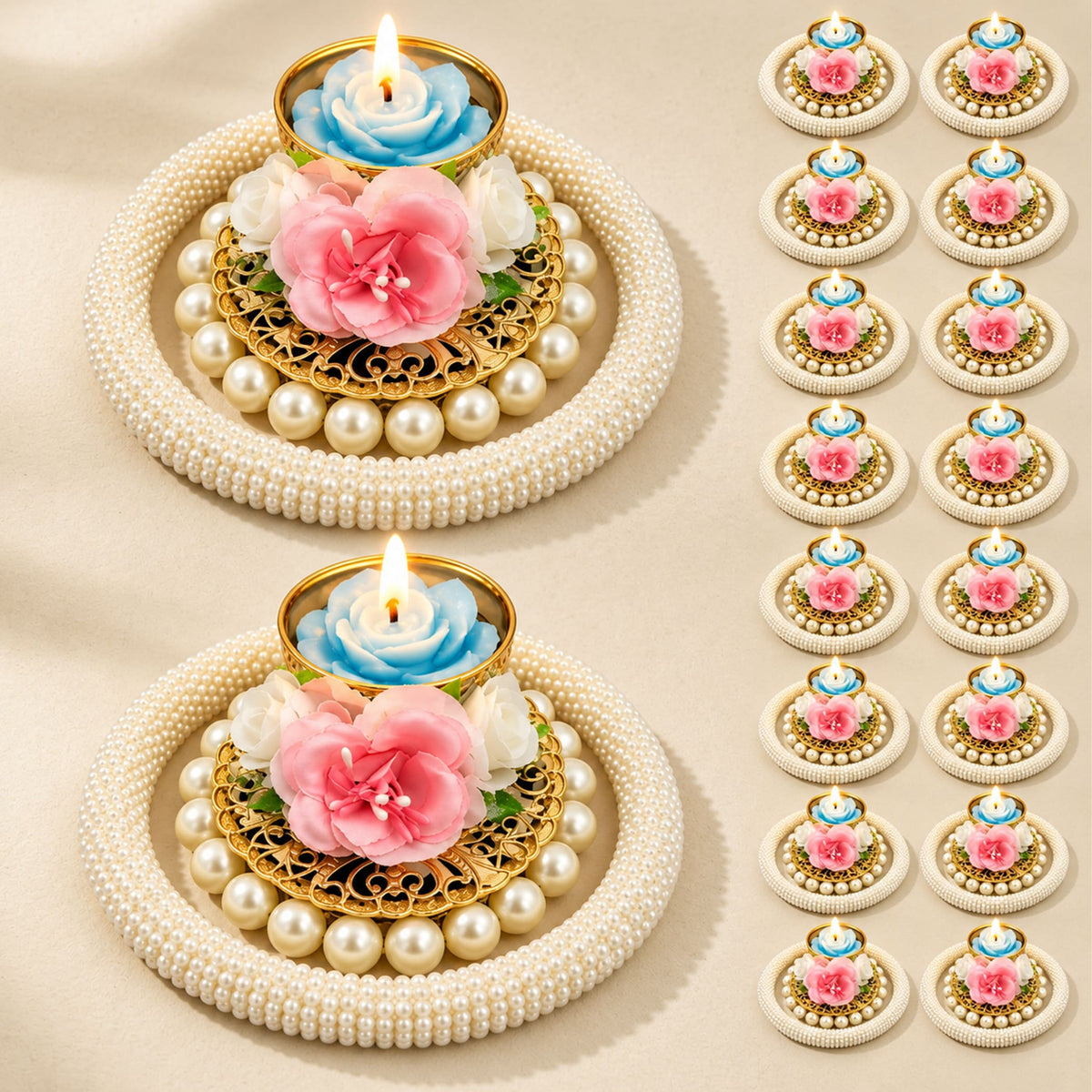 Elegant rose pearl tea light candle holder featuring a pearl-adorned diya with blue and pink floral centerpiece