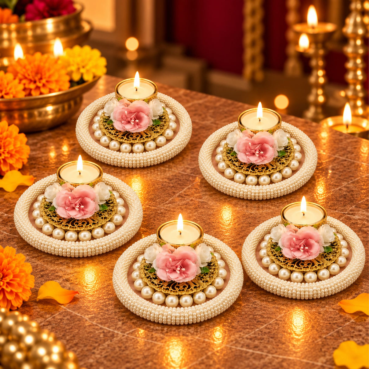 Elegant gold-toned rose pearl tea light candle holder with pink white flowers and cream pearls for festive decor