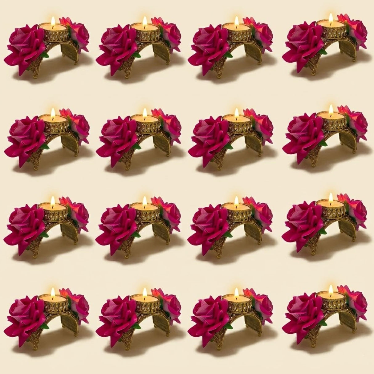 Gold-toned tealight candle holders with intricate floral designs and magenta artificial roses for festive decor