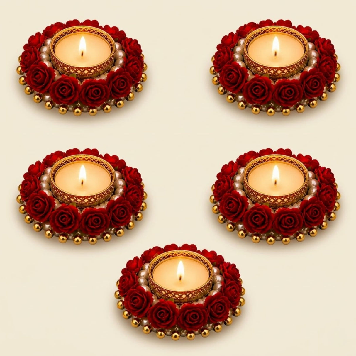Rose candle holder tealight stand adorned with red roses gold and pearl accents for festive home decor
