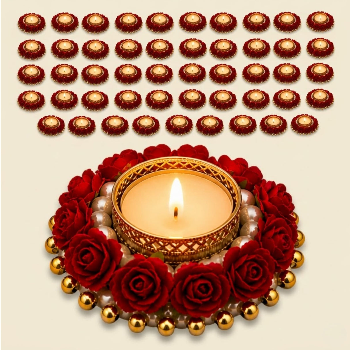 A lit golden ornate rose candle holder adorned with red roses and gold beads for festive home décor and dining tables