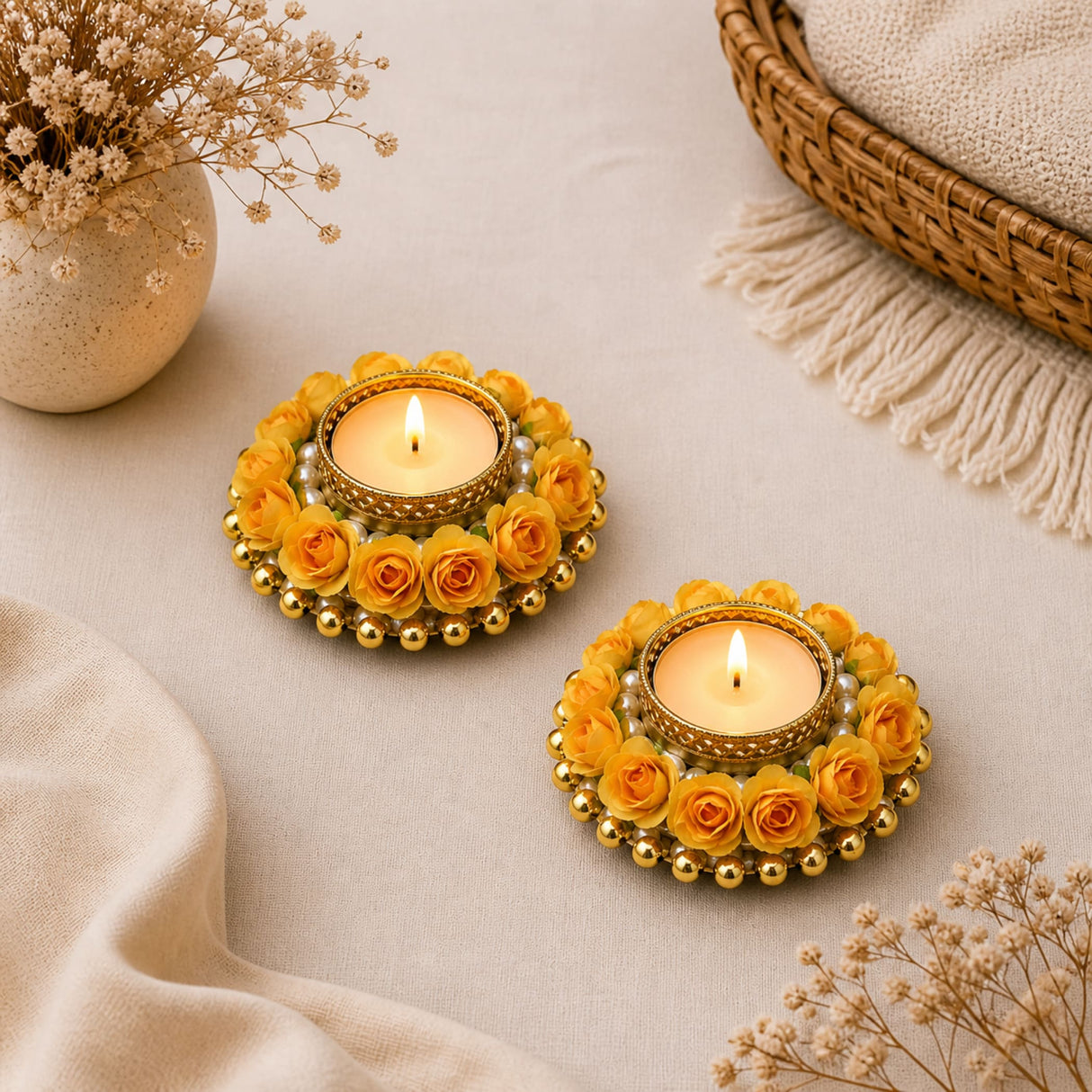 Golden floral rose tealight candle holder with yellow artificial roses and pearl beads for festive home decor