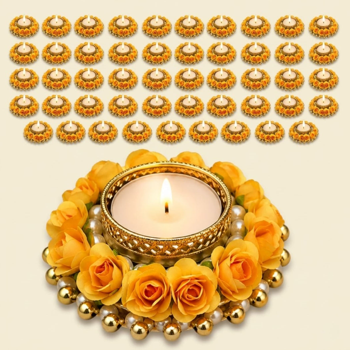 Golden ornate rose candle holder adorned with yellow roses and pearls festive tealight stand for holiday decor