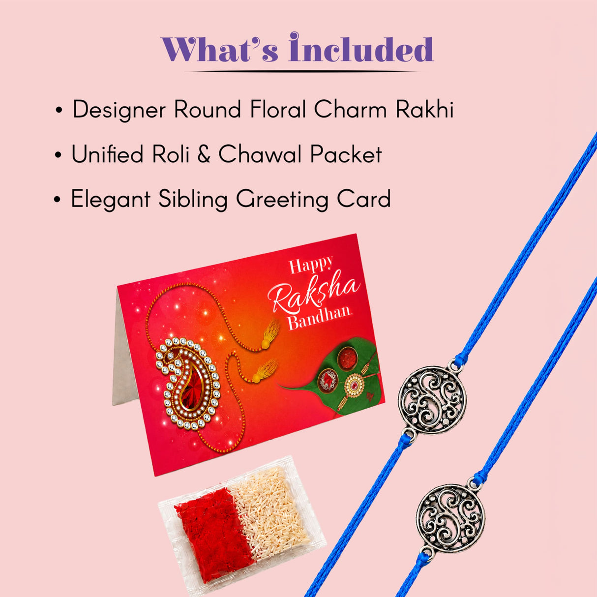 Designer round floral charm rakhi with silver-toned intricate paisley design and central red gemstone for brother and bhabhi