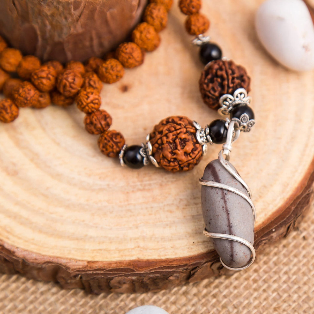 Rudraksha Mala with Narmadeshwar Shivling Pendant for Men Women 5 Mukhi Rudraksha Mala Shaligram Narmada Pendant Necklace Yoga Meditation (pack of 1) - LoveNspire