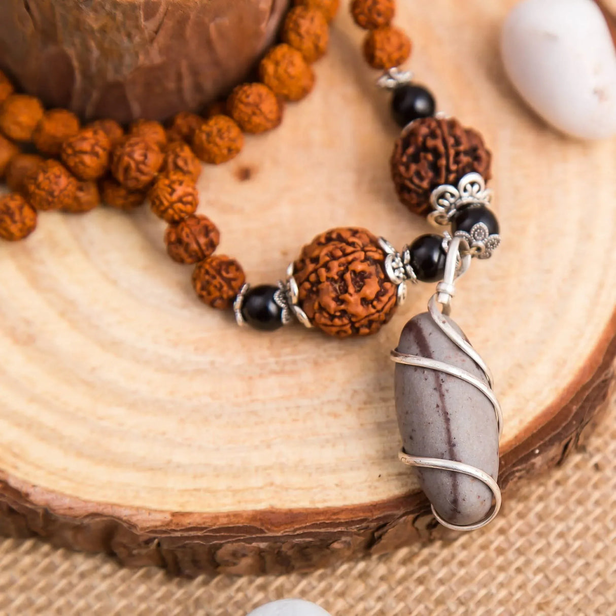 Rudraksha Mala with Narmadeshwar Shivling Pendant for Men Women 5 Mukhi Rudraksha Mala Shaligram Narmada Pendant Necklace Yoga Meditation (pack of 1) - LoveNspire