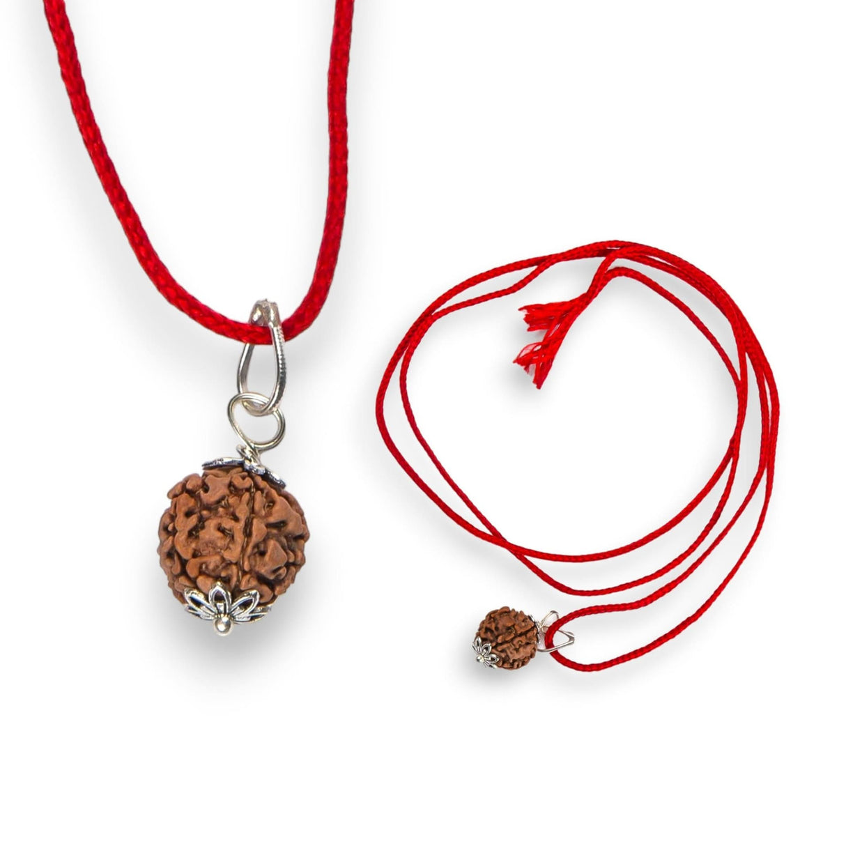 Certified Rudraksha Pendant Mala Prayer Bead Handmade Astrological Shiva Necklace Jewelry for Men Women 3 to 6 Mukhi Rudraksh with Silver Plated on Red Cotton Cord - LoveNspire