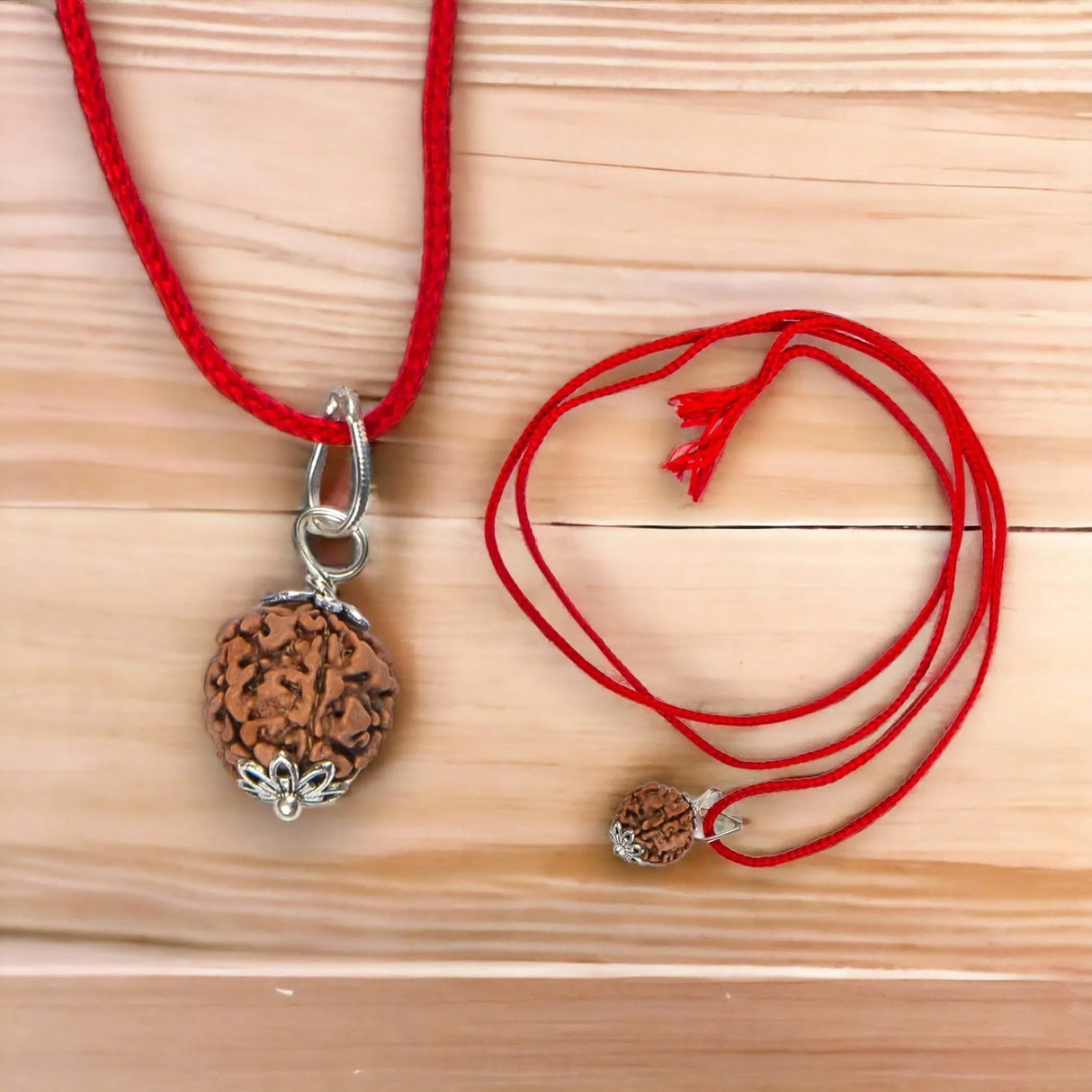 Certified Rudraksha Pendant Mala Prayer Bead Handmade Astrological Shiva Necklace Jewelry for Men Women 3 to 6 Mukhi Rudraksh with Silver Plated on Red Cotton Cord - LoveNspire