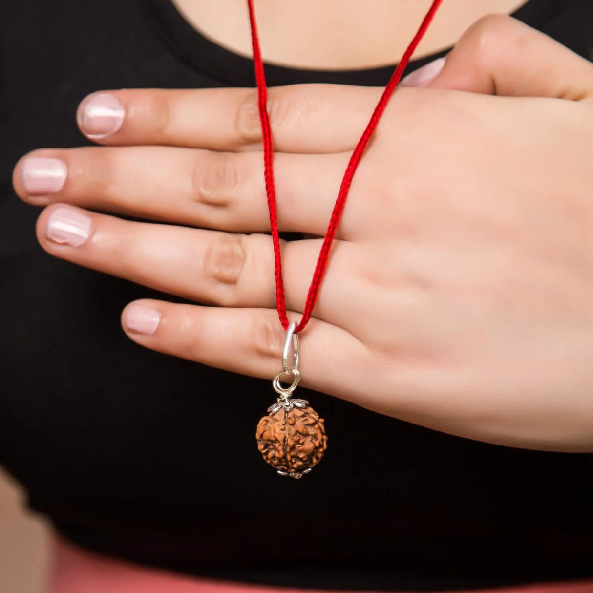 Certified Rudraksha Pendant Mala Prayer Bead Handmade Astrological Shiva Necklace Jewelry for Men Women 3 to 6 Mukhi Rudraksh with Silver Plated on Red Cotton Cord - LoveNspire