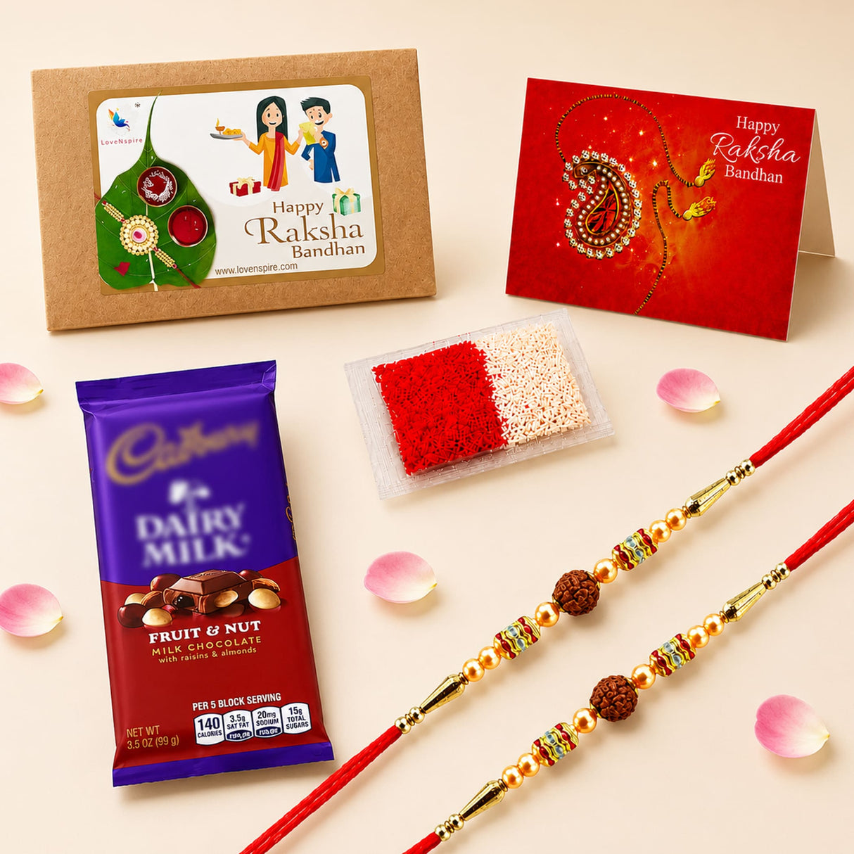 Red and gold traditional handmade rudraksha bead rakhi bracelet with colorful gemstones for Raksha Bandhan gift hamper