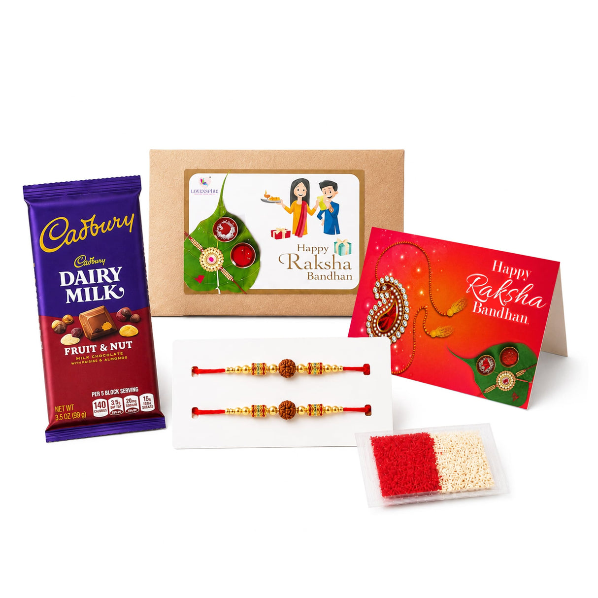 A cadbury dairy milk fruit and nut chocolate bar in purple and red wrapper included in raksha bandhan gift hamper for brother and bhabhi
