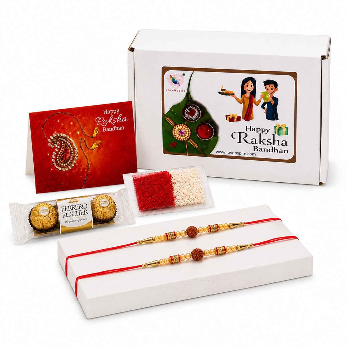 Red and gold traditional handmade rudraksha bead rakhi bracelet with intricate beadwork and central wooden disc