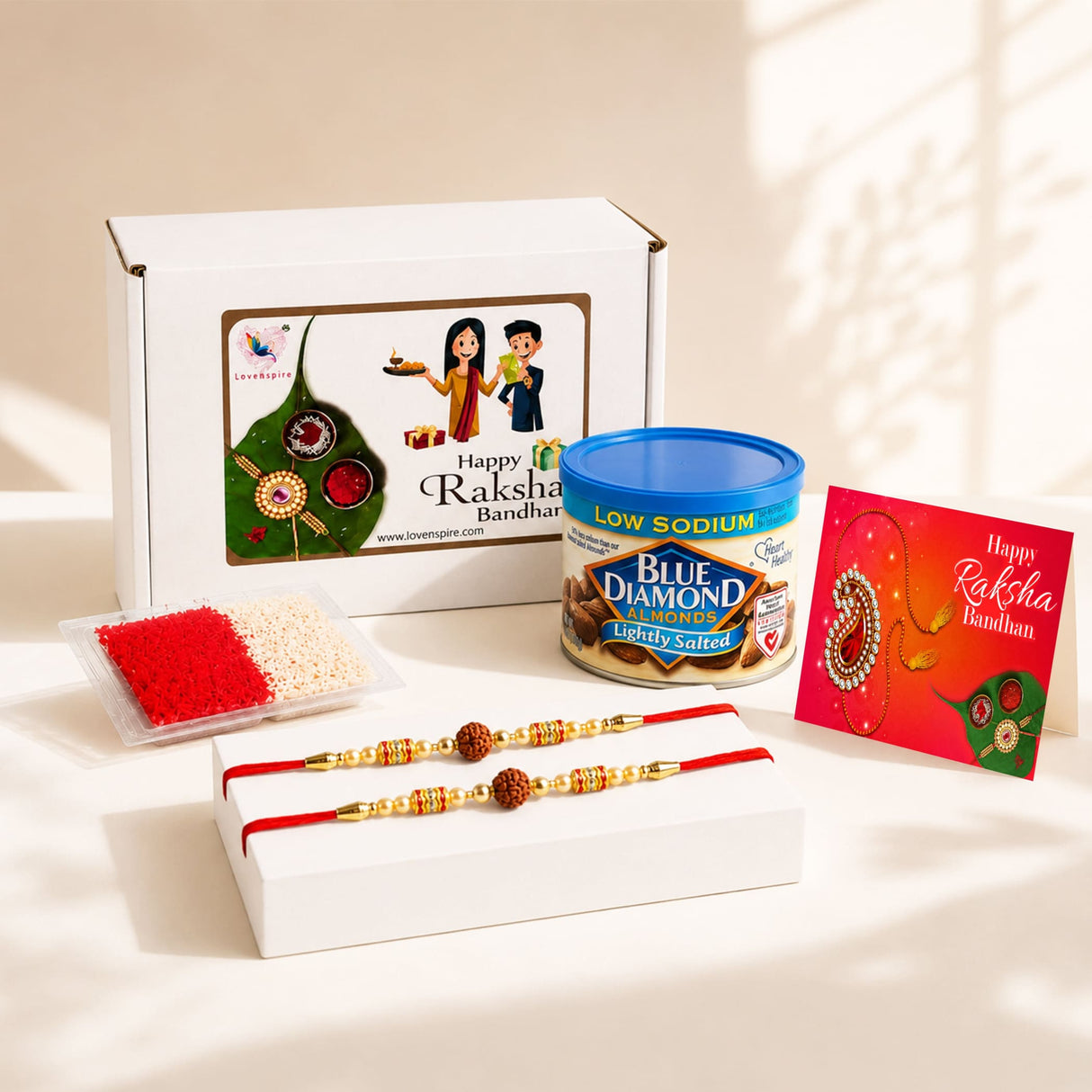 Red and gold traditional handmade rudraksha bead rakhi with intricate beadwork for raksha bandhan gift hamper