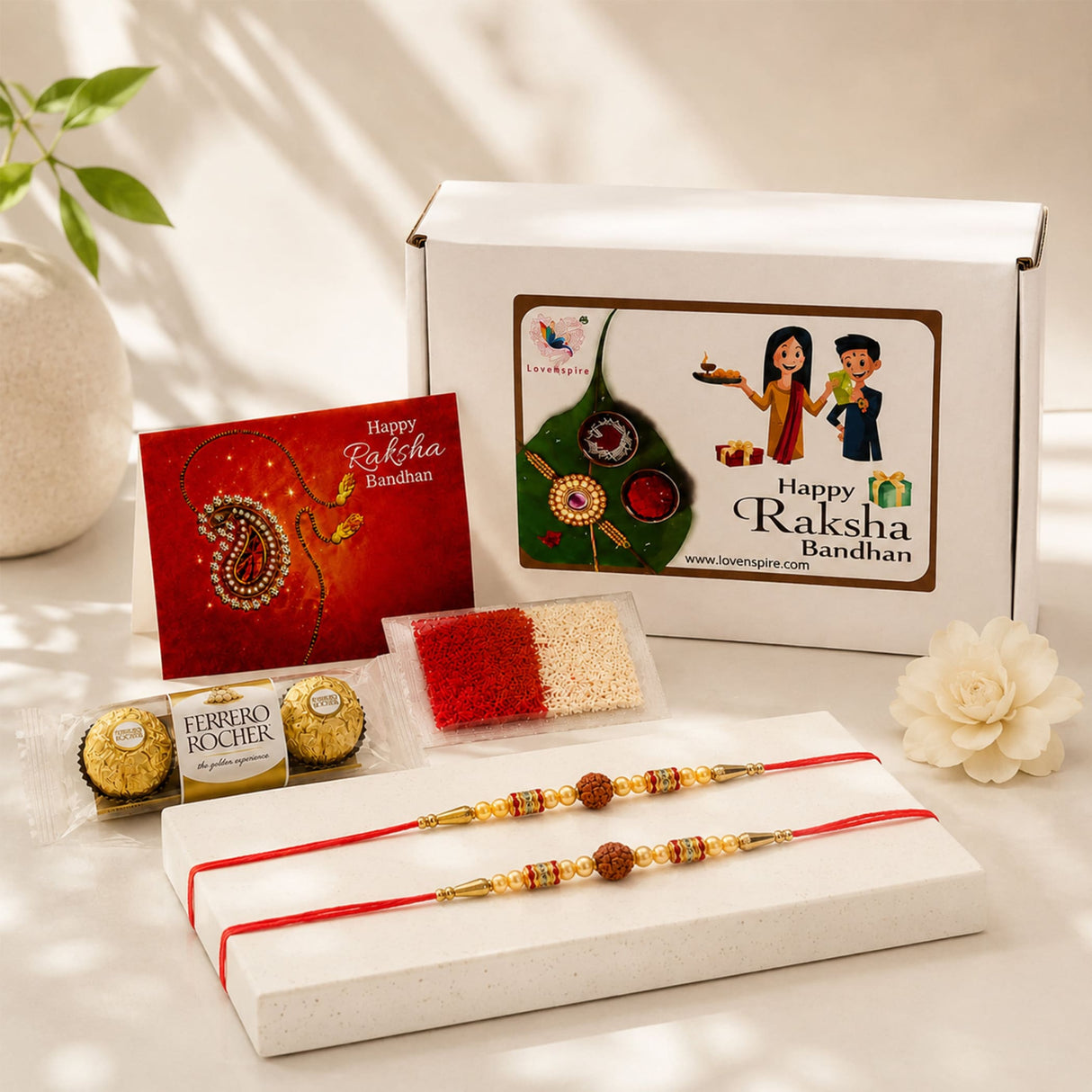 Red and gold traditional handmade rudraksha bead rakhi with intricate beadwork and wooden pendant for brother and bhabhi