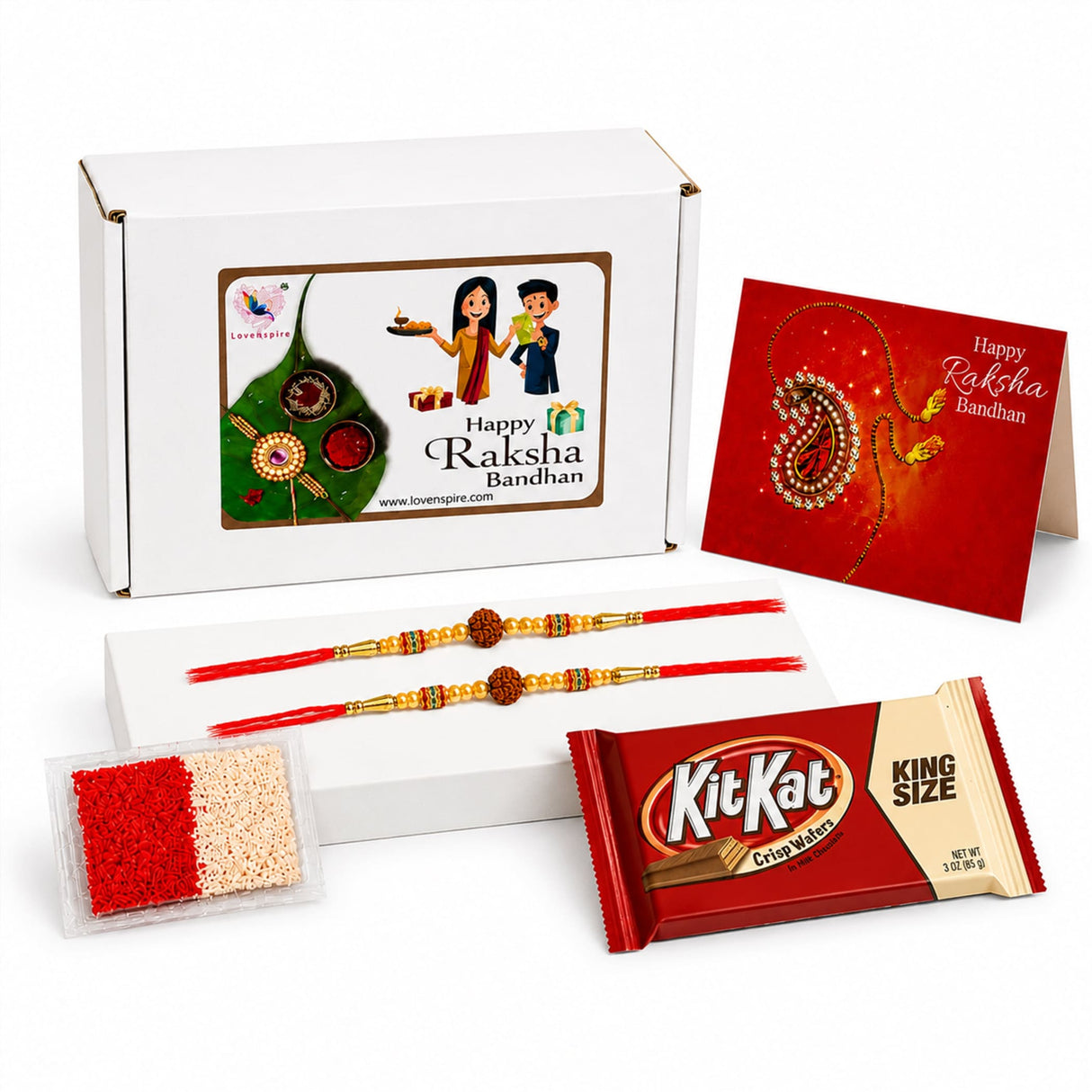 Red and gold traditional handmade rudraksha bead rakhi with intricate beadwork in raksha bandhan gift hamper for brother and bhabhi