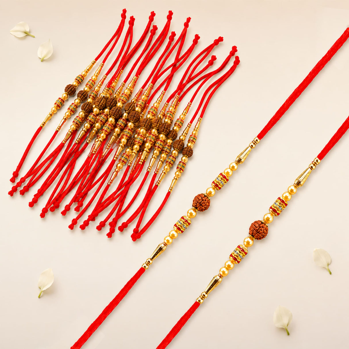 Red cord rudraksha rakhi with golden beads and brown rudraksha seeds handmade for bhaiya bhabhi protection and blessings
