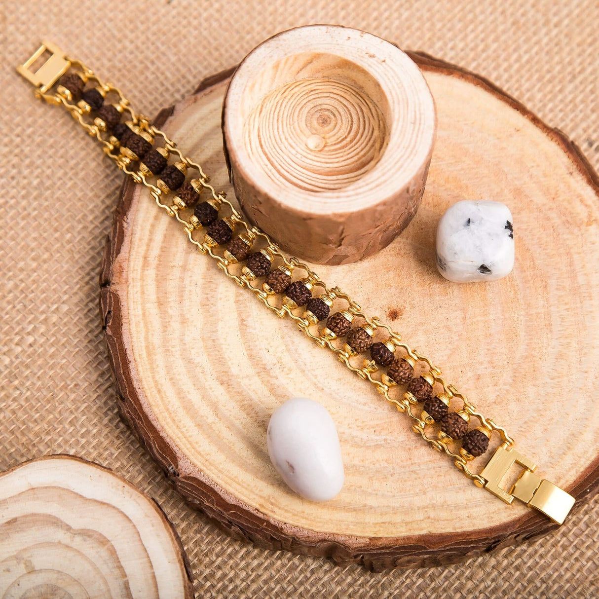 Rudraksha Bracelet for Men Gold Plated Designer Himalayan Bead Bracelet 5-mukhi Face Rudraksha Bead with Golden Color Stainless Steel Spiritual Jewelry for Positive Energy, Prosperity - LoveNspire