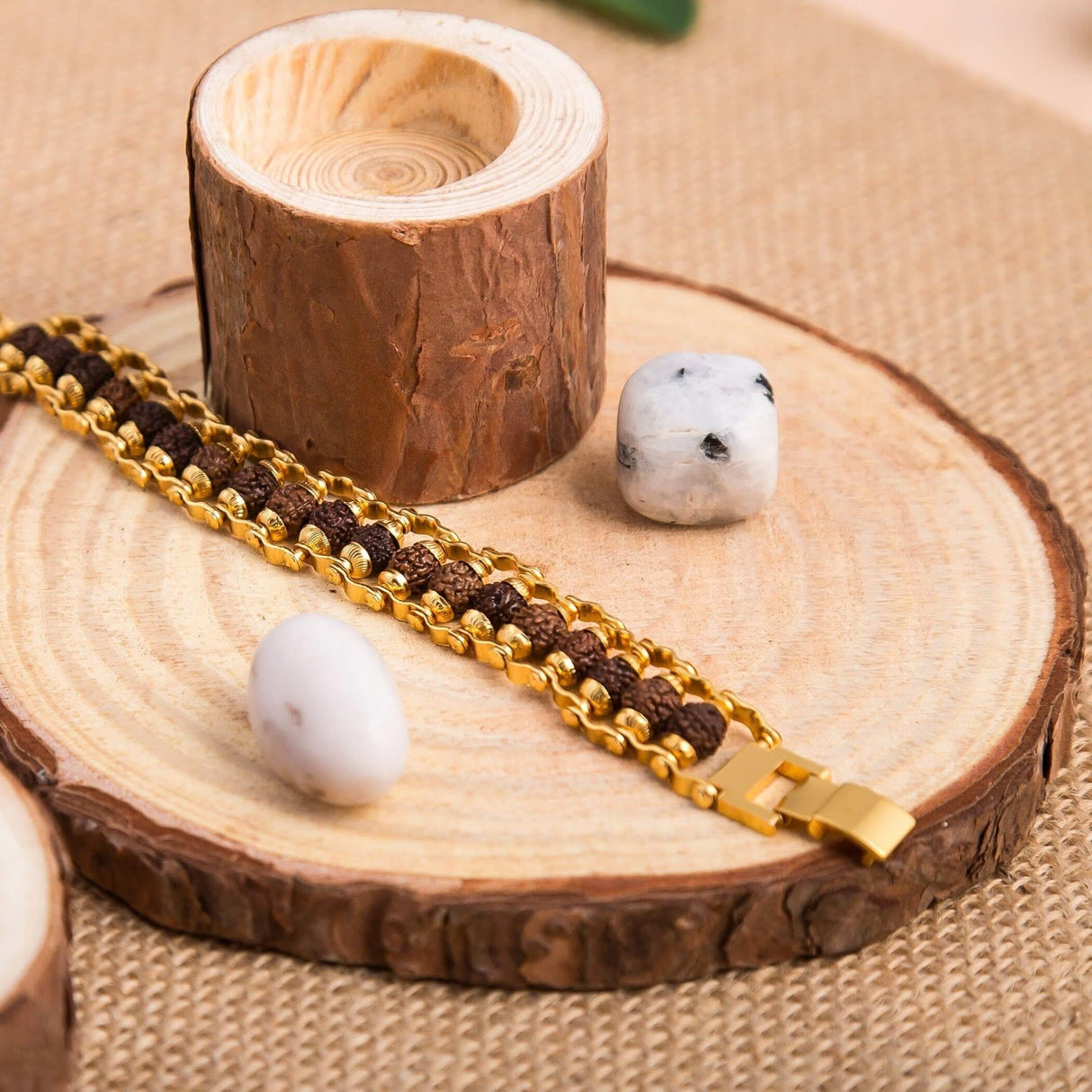 Rudraksha Bracelet for Men Gold Plated Designer Himalayan Bead Bracelet 5-mukhi Face Rudraksha Bead with Golden Color Stainless Steel Spiritual Jewelry for Positive Energy, Prosperity - LoveNspire