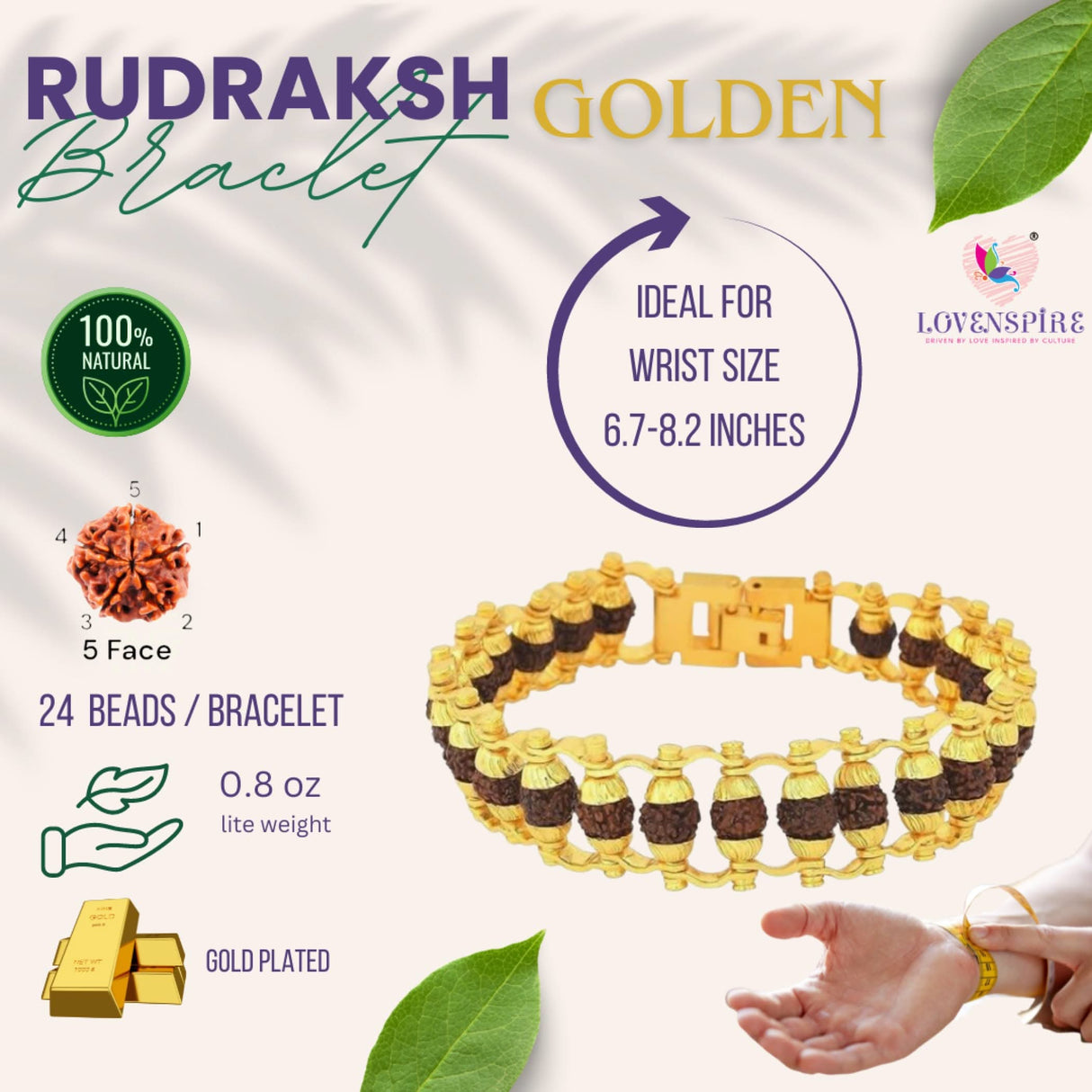 Rudraksha Bracelet for Men Gold Plated Designer Himalayan Bead Bracelet 5-mukhi Face Rudraksha Bead with Golden Color Stainless Steel Spiritual Jewelry for Positive Energy, Prosperity - LoveNspire