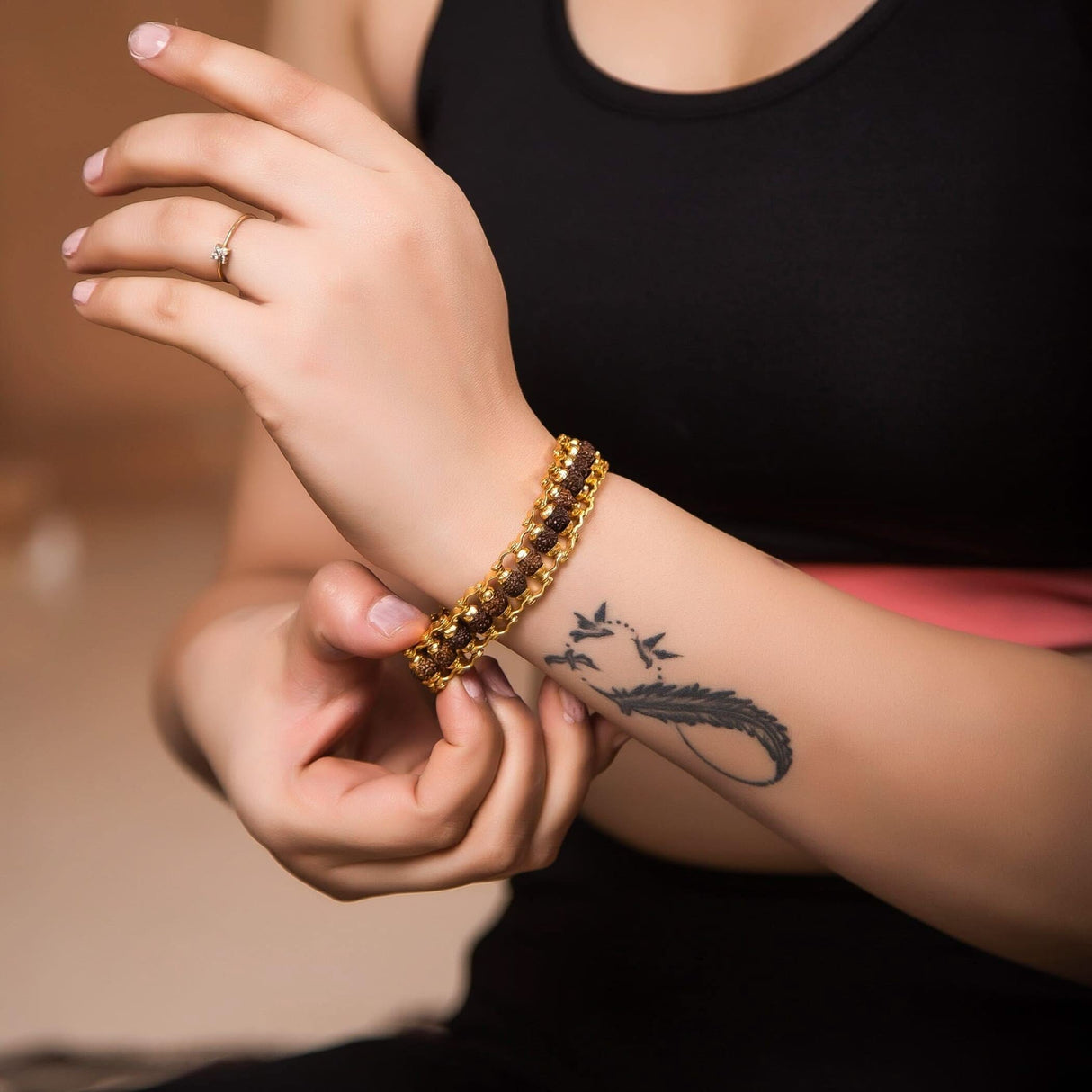 Rudraksha Bracelet for Men Gold Plated Designer Himalayan Bead Bracelet 5-mukhi Face Rudraksha Bead with Golden Color Stainless Steel Spiritual Jewelry for Positive Energy, Prosperity - LoveNspire