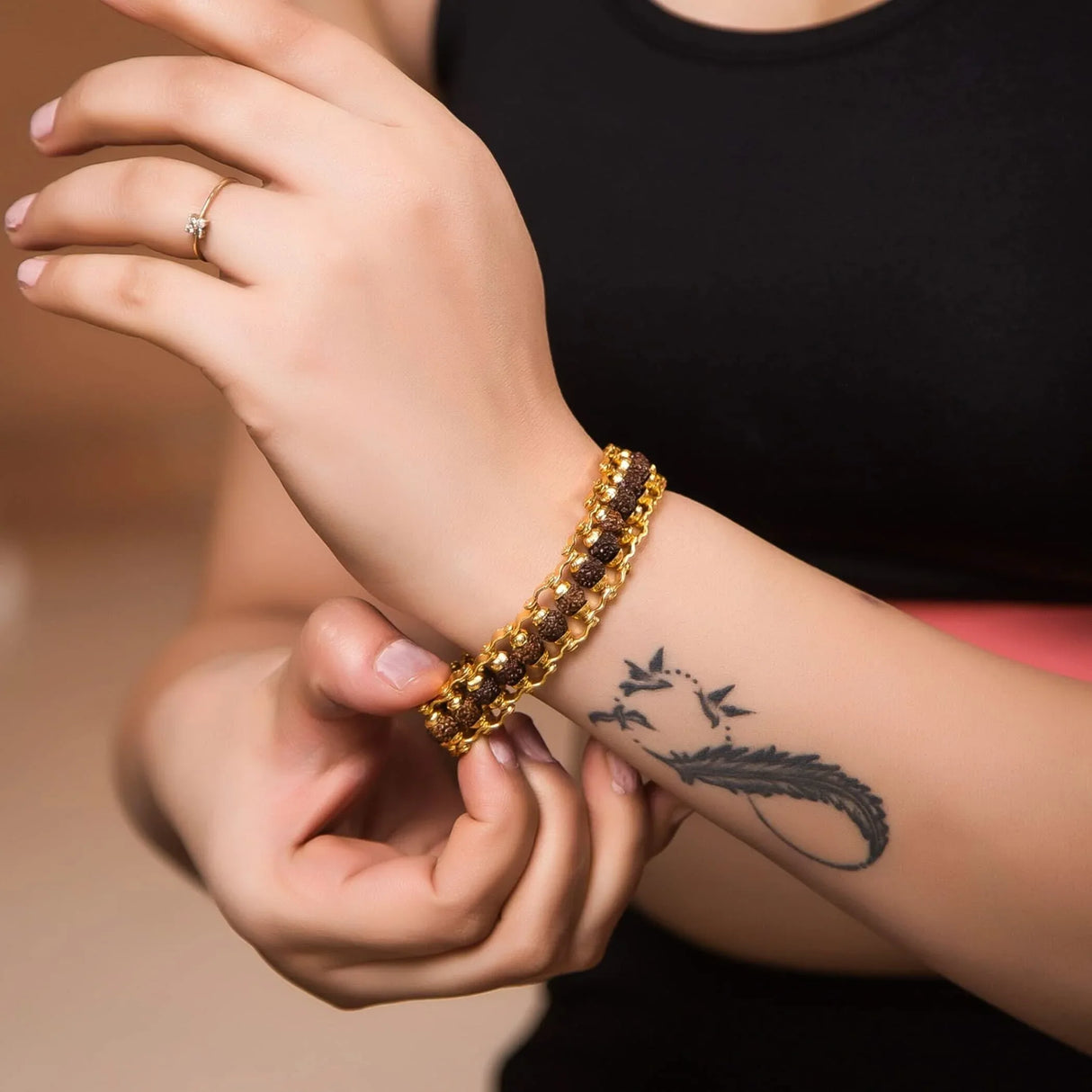 Rudraksha Bracelet for Men Gold Plated Designer Himalayan Bead Bracelet 5-mukhi Face Rudraksha Bead with Golden Color Stainless Steel Spiritual Jewelry for Positive Energy, Prosperity - LoveNspire