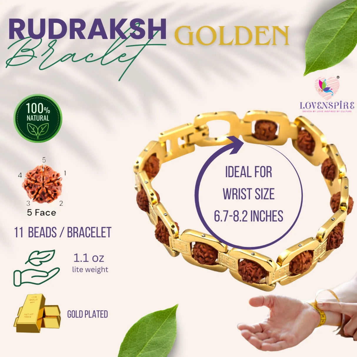 Rudraksha Bracelet for Men Gold Plated Designer Himalayan Bead Bracelet 5-mukhi Face Rudraksha Bead Golden Color Stylish Spiritual Jewelry for Positive Energy, Prosperity - LoveNspire