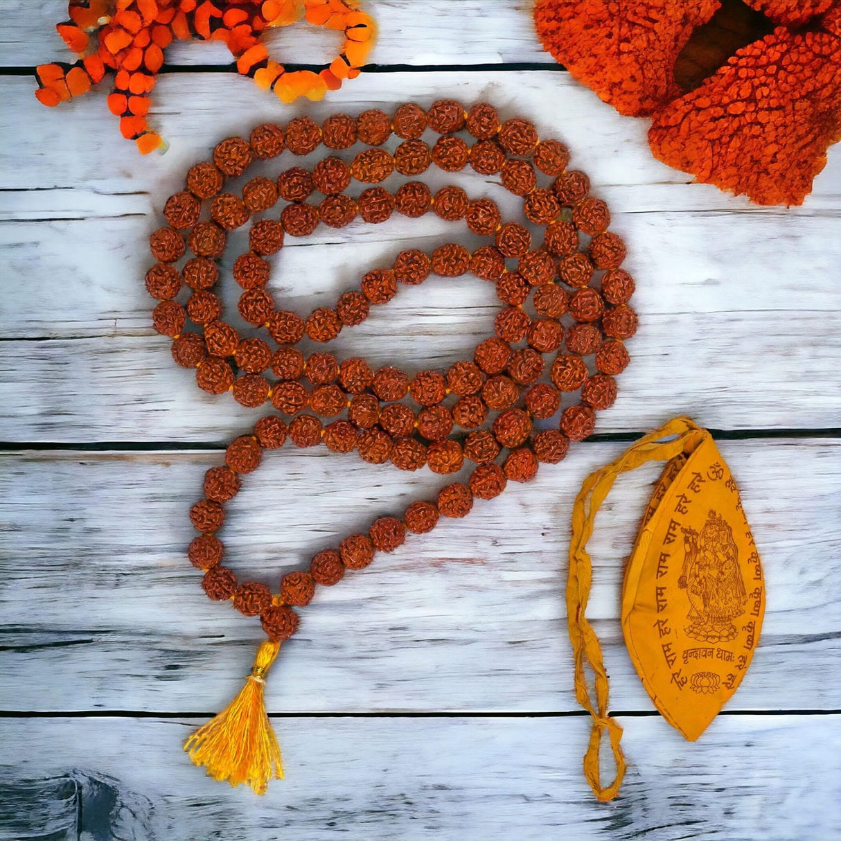 Rudraksha Mala with Gomukhi Japa Bag 5 Face (panchmukhi) Rudraksh Rosary Garland Japa Mala Necklace for Puja Yoga Meditation Rudraksha Kantha Mala 108 + 1 Prayer Beads for Men Women Wearing - LoveNspire