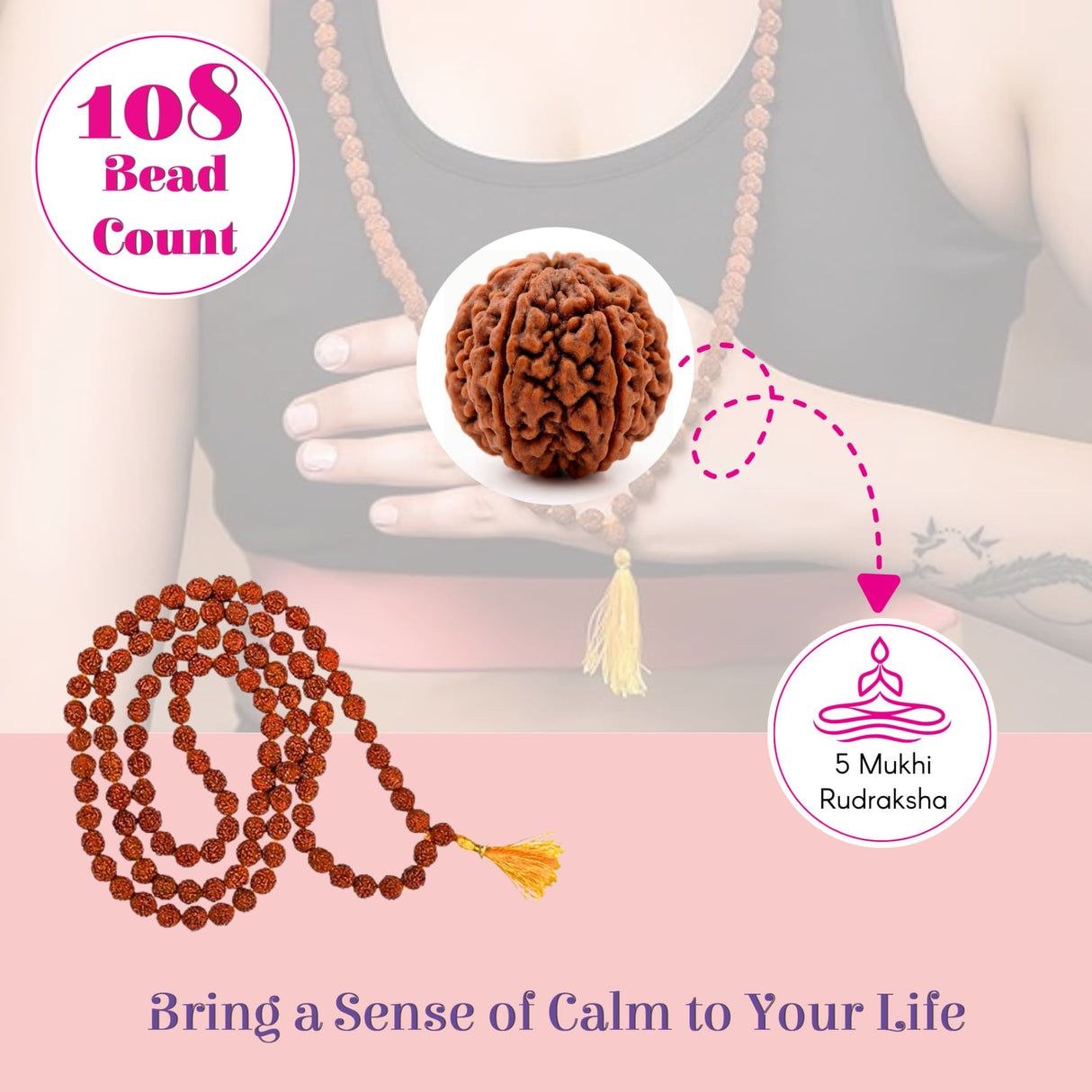 108+1 bead 5 mukhi rudraksha mala with gomukhi japa bag, dark brown beads, gold tassels