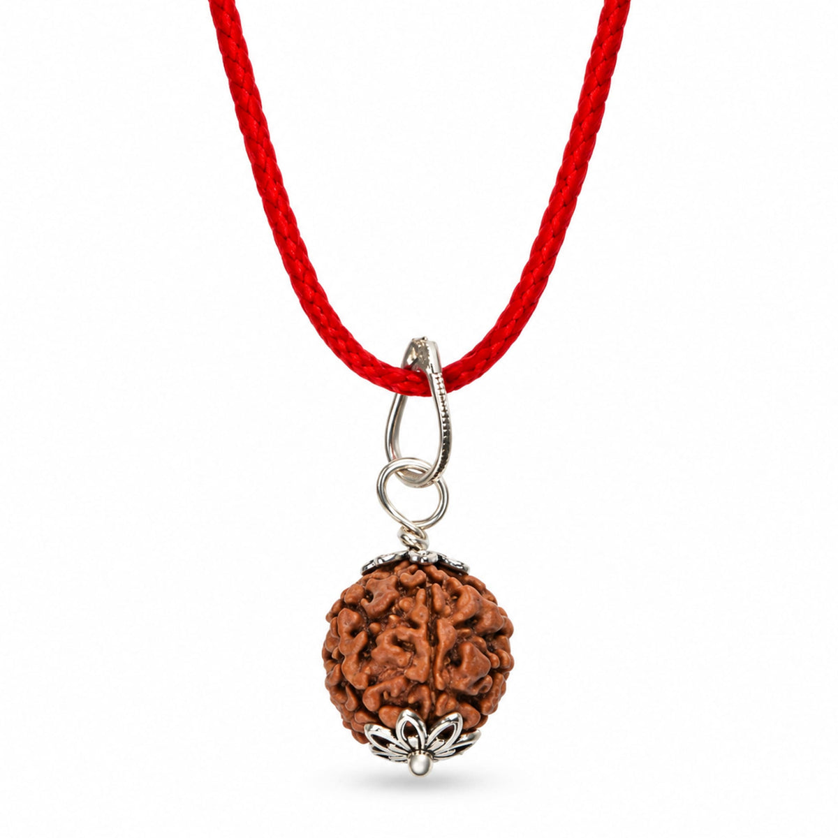 Certified rudraksha pendant kantha mala with 108 brown beads silver leaf charm on adjustable red braided cord for meditation