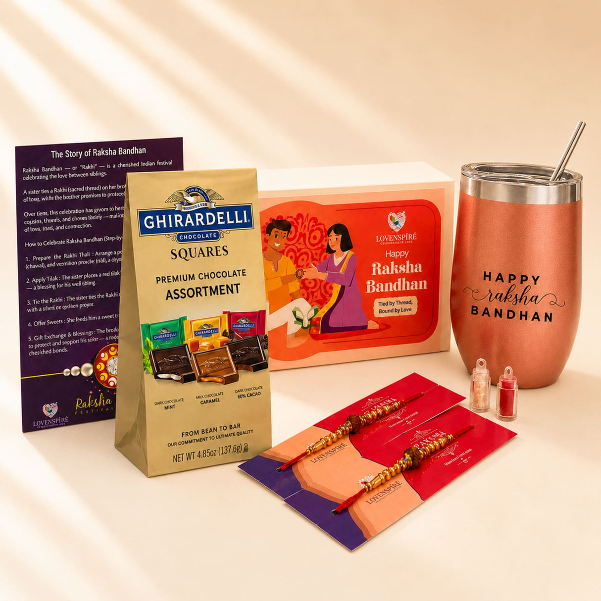Traditional Rudraksha Rakhi Gift Hamper for Brother & Bhabhi – Adjustable Rakhi Bracelet with Tumbler, Chocolates, Roli Chawal & Card for Raksha Bandhan