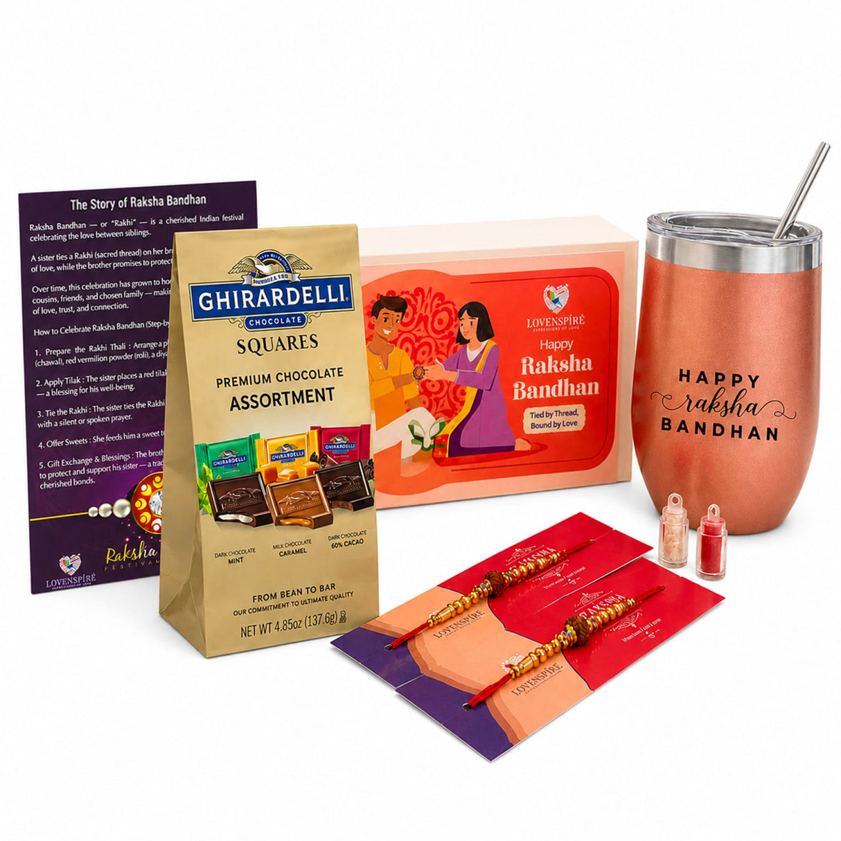 Traditional Rudraksha Rakhi Gift Hamper for Brother & Bhabhi – Adjustable Rakhi Bracelet with Tumbler, Chocolates, Roli Chawal & Card for Raksha Bandhan
