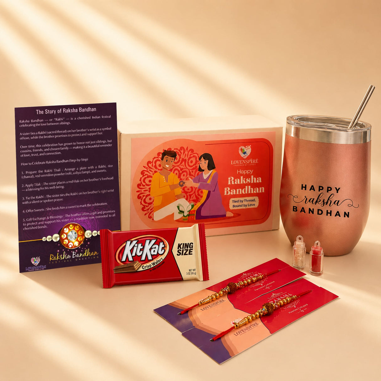 Traditional Rudraksha Rakhi Gift Hamper for Brother & Bhabhi – Adjustable Rakhi Bracelet with Tumbler, Chocolates, Roli Chawal & Card for Raksha Bandhan