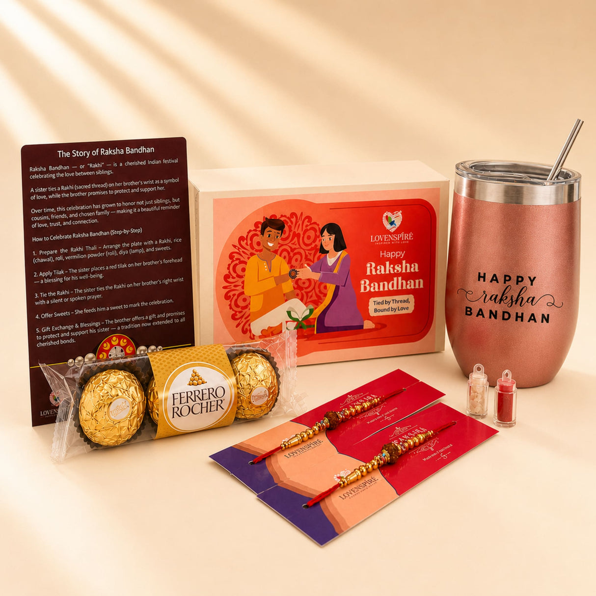 Traditional Rudraksha Rakhi Gift Hamper for Brother & Bhabhi – Adjustable Rakhi Bracelet with Tumbler, Chocolates, Roli Chawal & Card for Raksha Bandhan