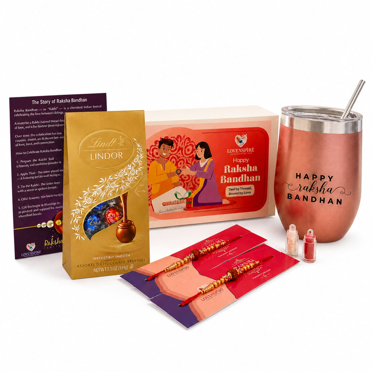 Traditional Rudraksha Rakhi Gift Hamper for Brother & Bhabhi – Adjustable Rakhi Bracelet with Tumbler, Chocolates, Roli Chawal & Card for Raksha Bandhan