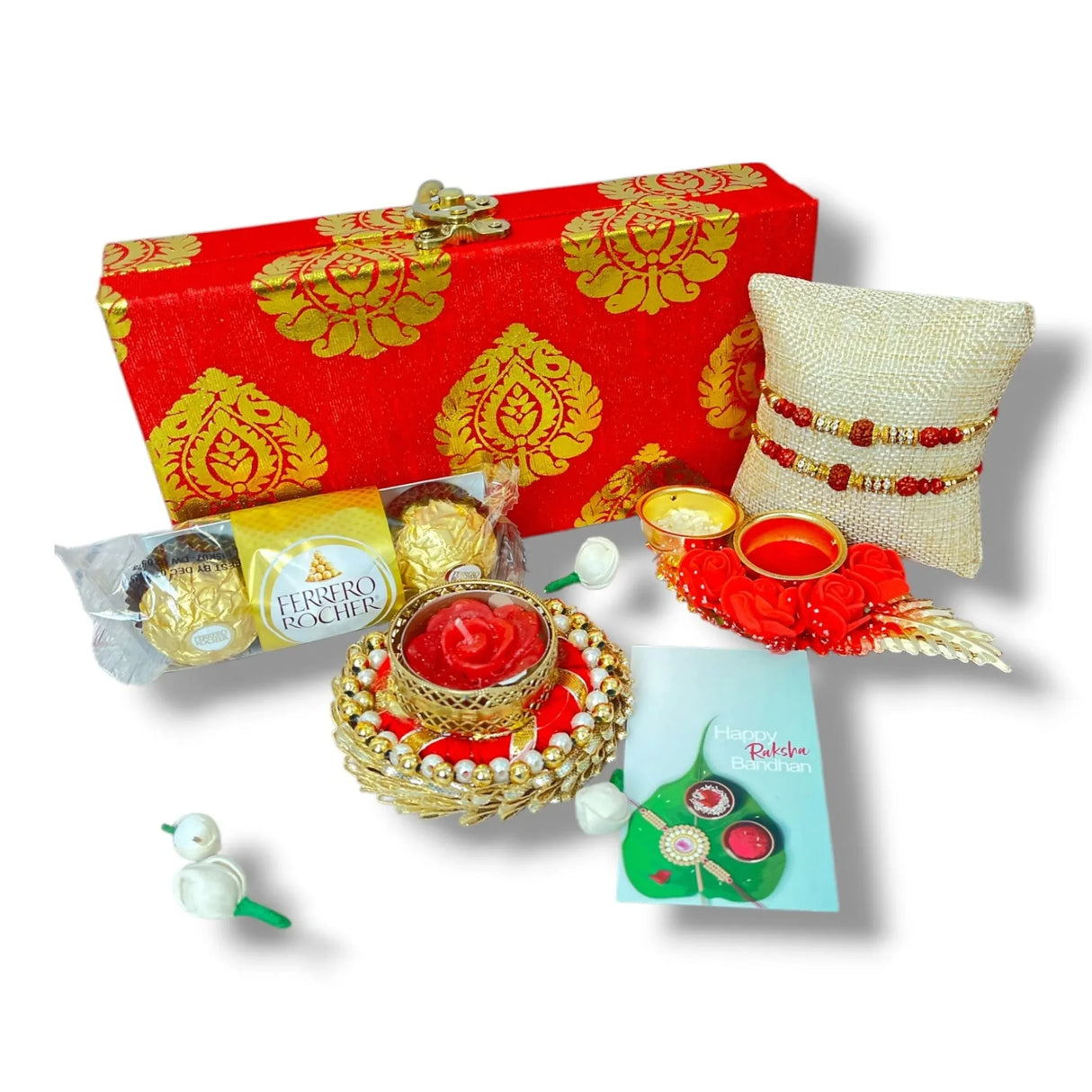Rakhi Gift Hamper for Brother 2PC Rakhi with Candle Holder Haldi Kumkum Holder Roli Chawal Rakshabandhan Card Chocolates with Premium Brocade Gift Box - Bracelet for Bhai Bhabhi - LoveNspire