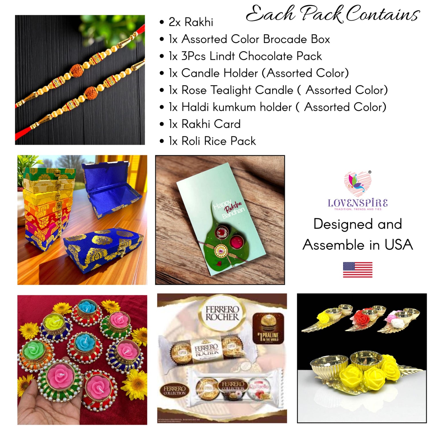 Rakhi gift set with Rudraksha Rakhi candle holder chocolates and premium brocade box