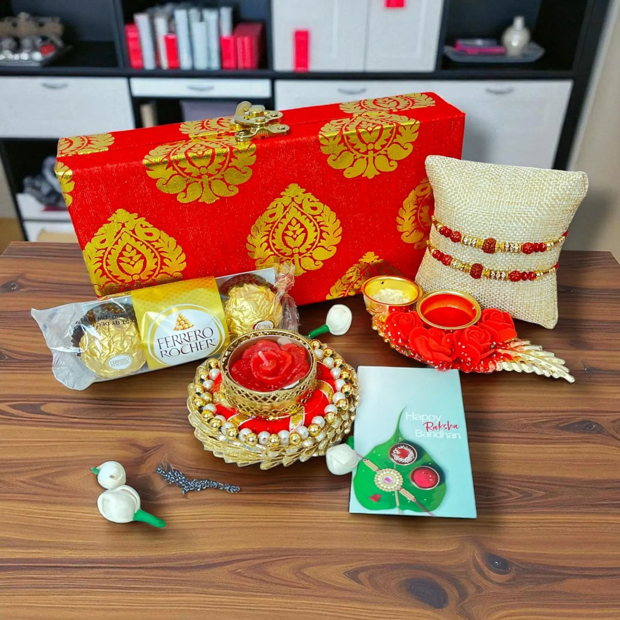 Rakhi Gift Hamper for Brother 2PC Rakhi with Candle Holder Haldi Kumkum Holder Roli Chawal Rakshabandhan Card Chocolates with Premium Brocade Gift Box - Bracelet for Bhai Bhabhi - LoveNspire