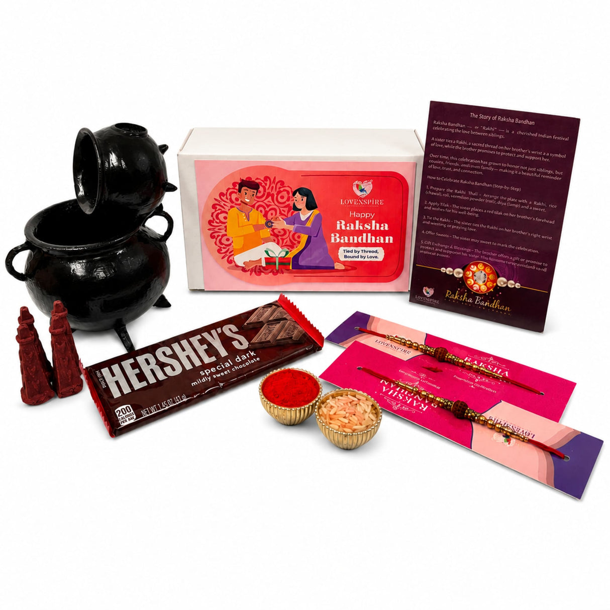 Raksha Bandhan Gift Hamper for Brother & Bhabhi – Includes 2 Rudraksha Rakhi Bracelets, Dhoop Burner, Dhoop Sticks, Chocolates, Roli Chawal & Gift Box