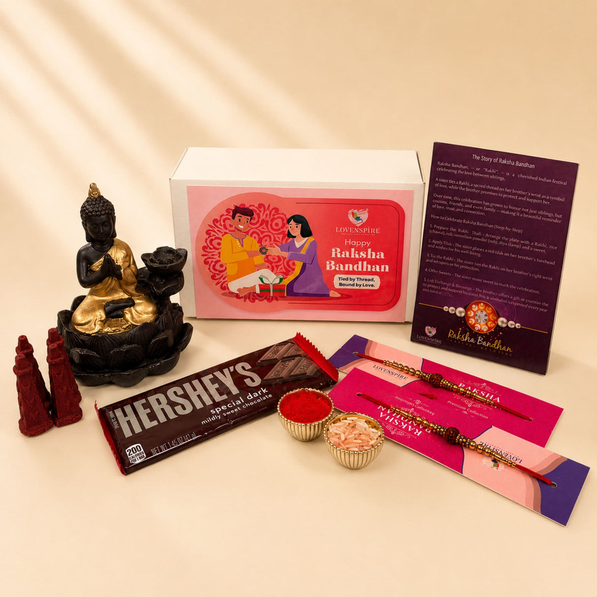 Raksha Bandhan Gift Hamper for Brother & Bhabhi – Includes 2 Rudraksha Rakhi Bracelets, Buddha Dhoop Burner, Dhoop Sticks, Chocolates, Roli Chawal & Gift Box