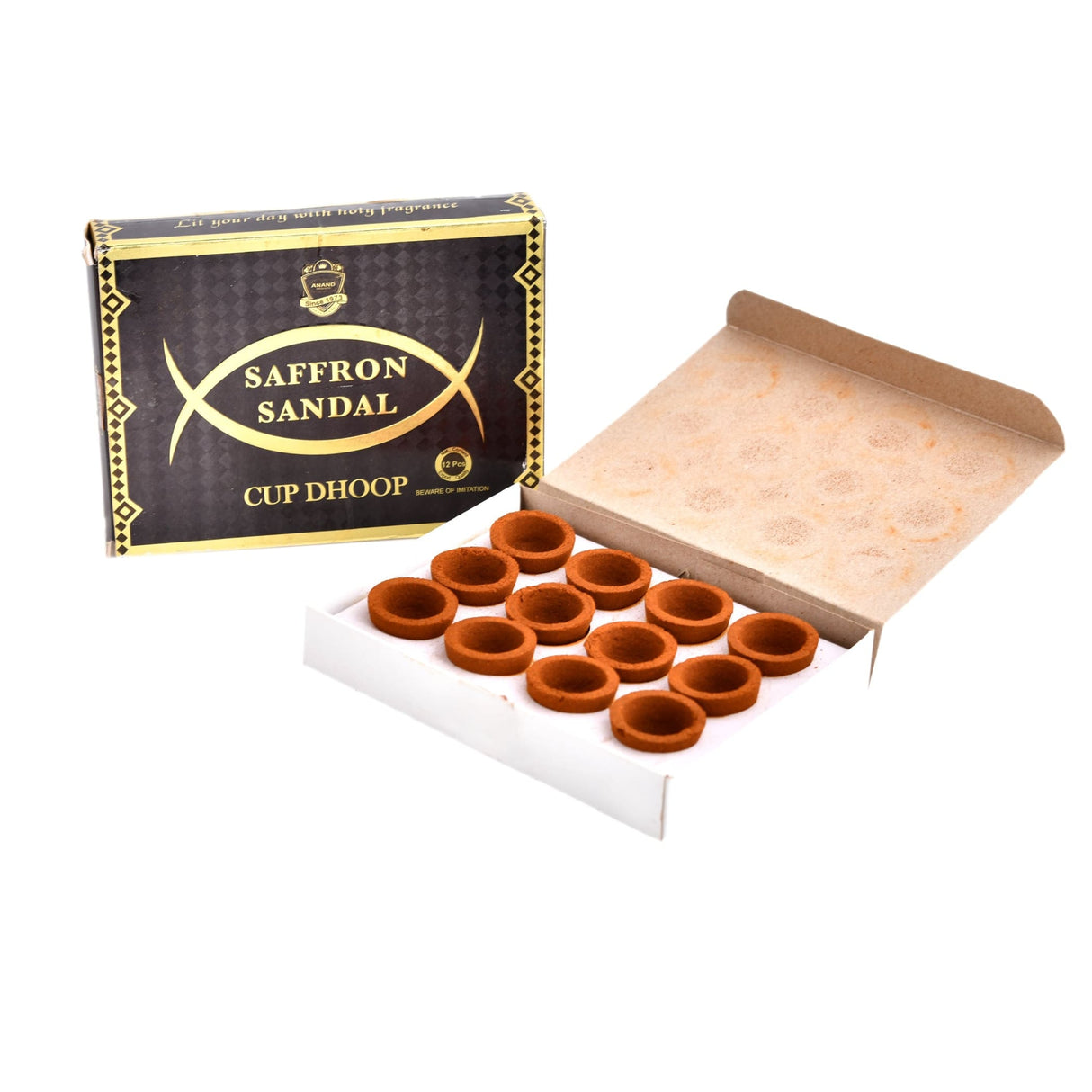 Saffron Sandalwood Dhoop Cups with Burner Plate, 12pc premium kesar chandan incense in ornate black gold box