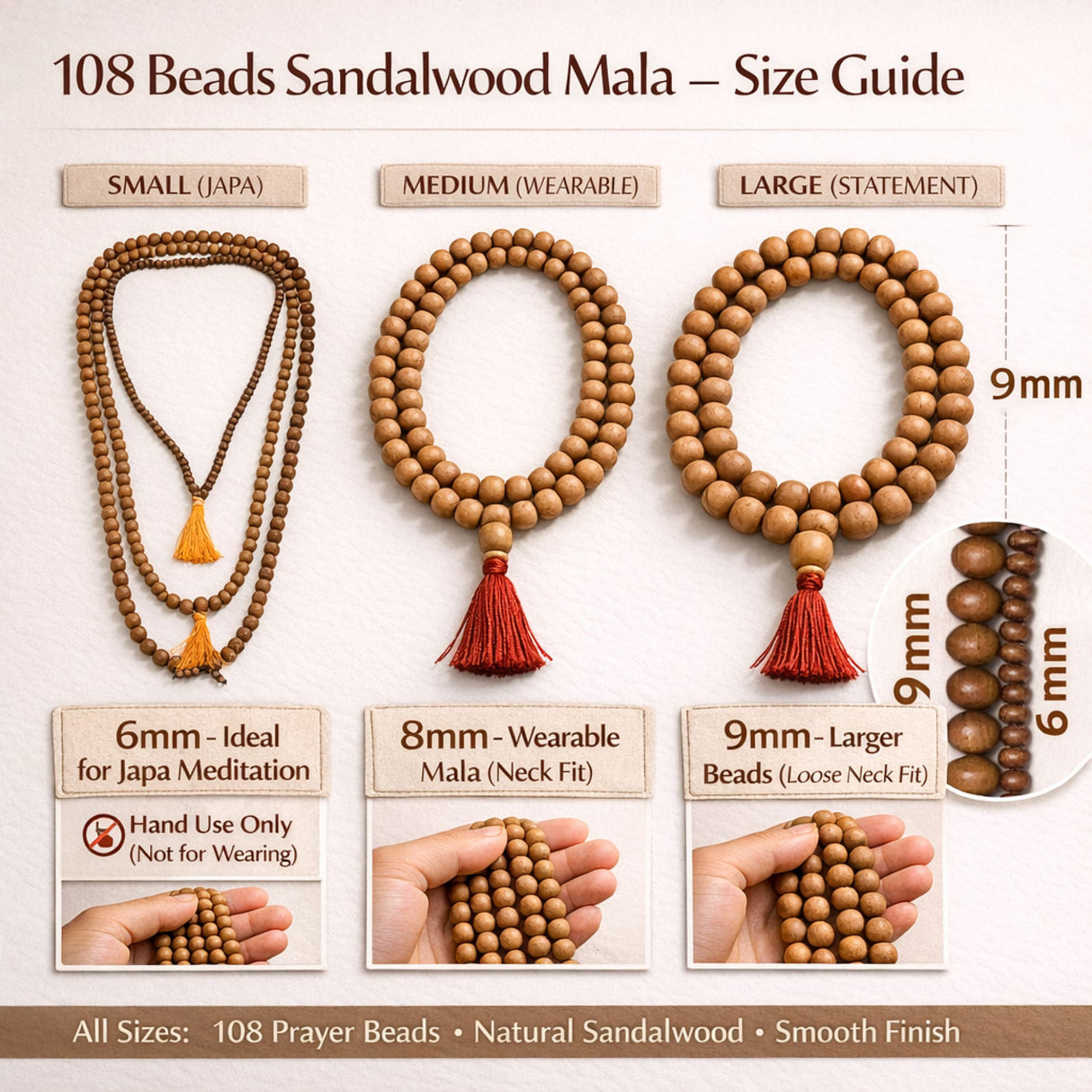 Natural sandalwood mala beads in small medium and large sizes with smooth finish and red tassels for meditation use