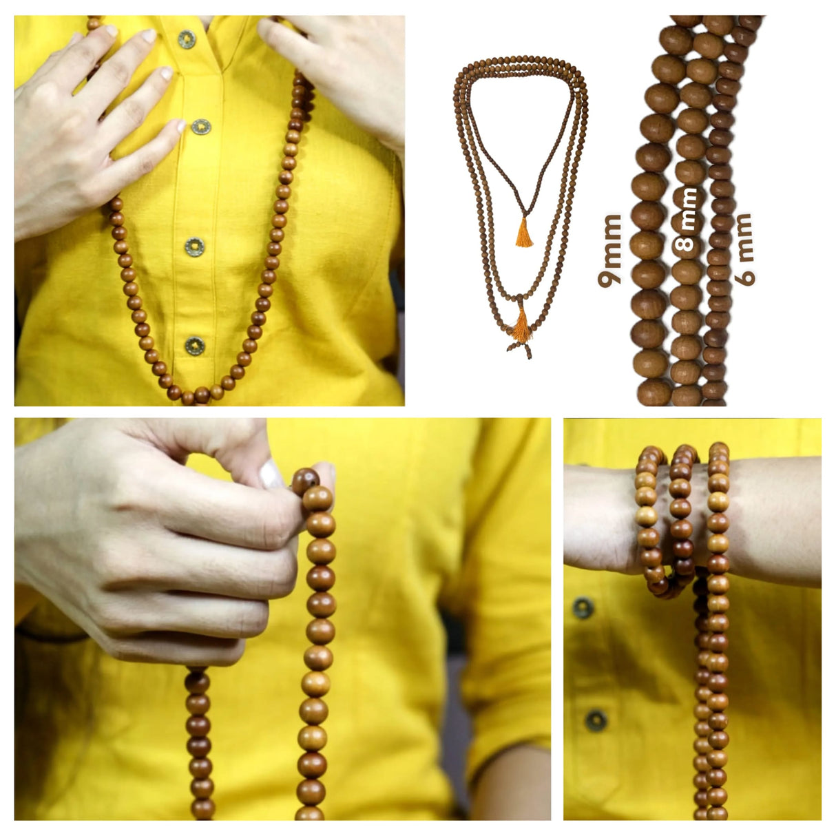 Sandalwood mala necklace featuring brown wooden beads of varying sizes with a tassel accent for meditation use