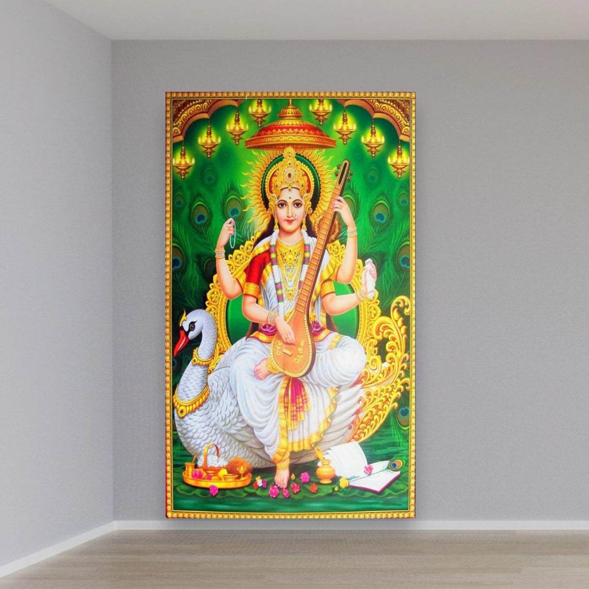 Hindu Goddess God Saraswati Backdrop Poster 5x8 Diwali Banner Photo Background Wall Art Home Room Decor Indian Backdrop Decorations Pooja Style Gift for Hindu Basant Panchami - LoveNspire