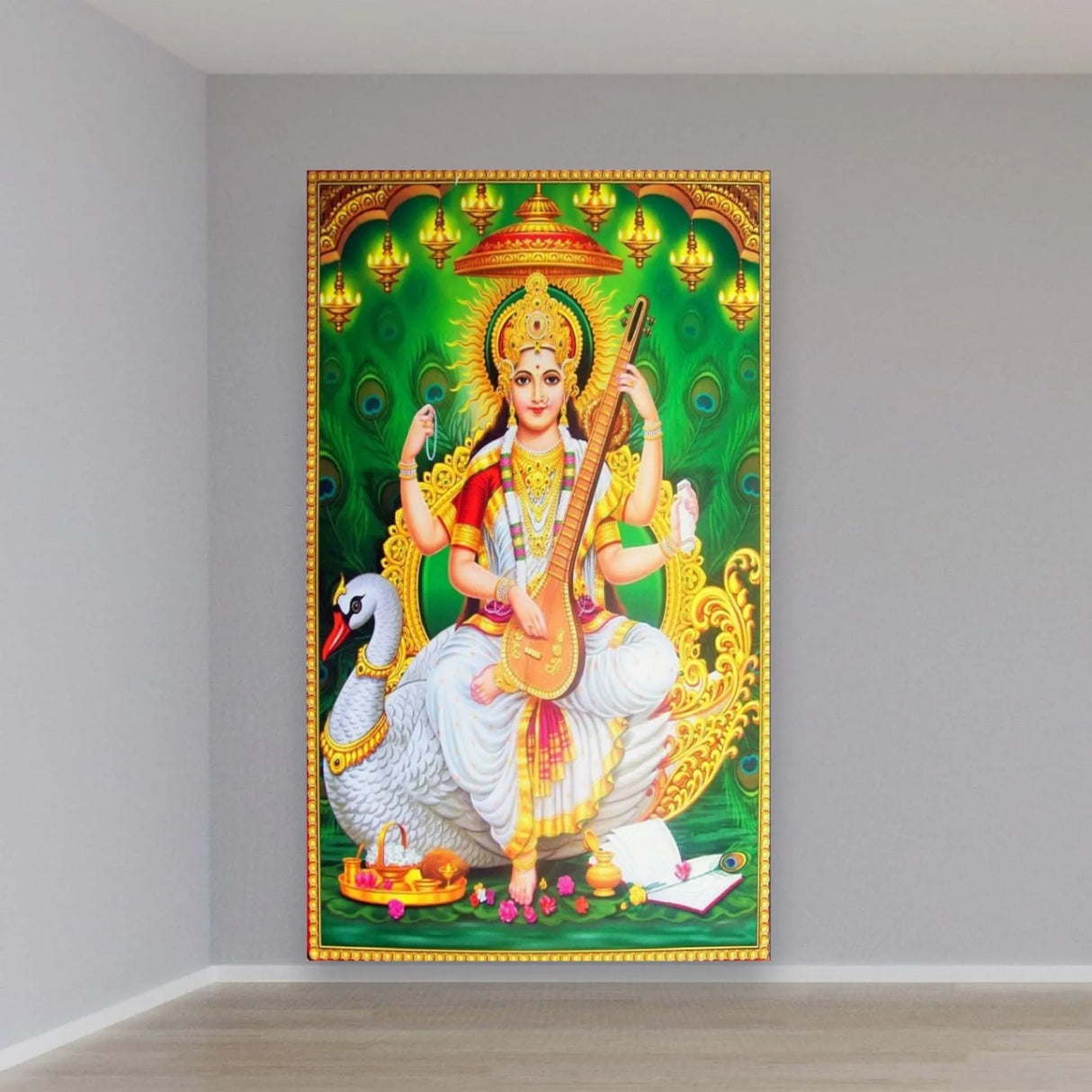 Hindu Goddess God Saraswati Backdrop Poster 5x8 Diwali Banner Photo Background Wall Art Home Room Decor Indian Backdrop Decorations Pooja Style Gift for Hindu Basant Panchami - LoveNspire
