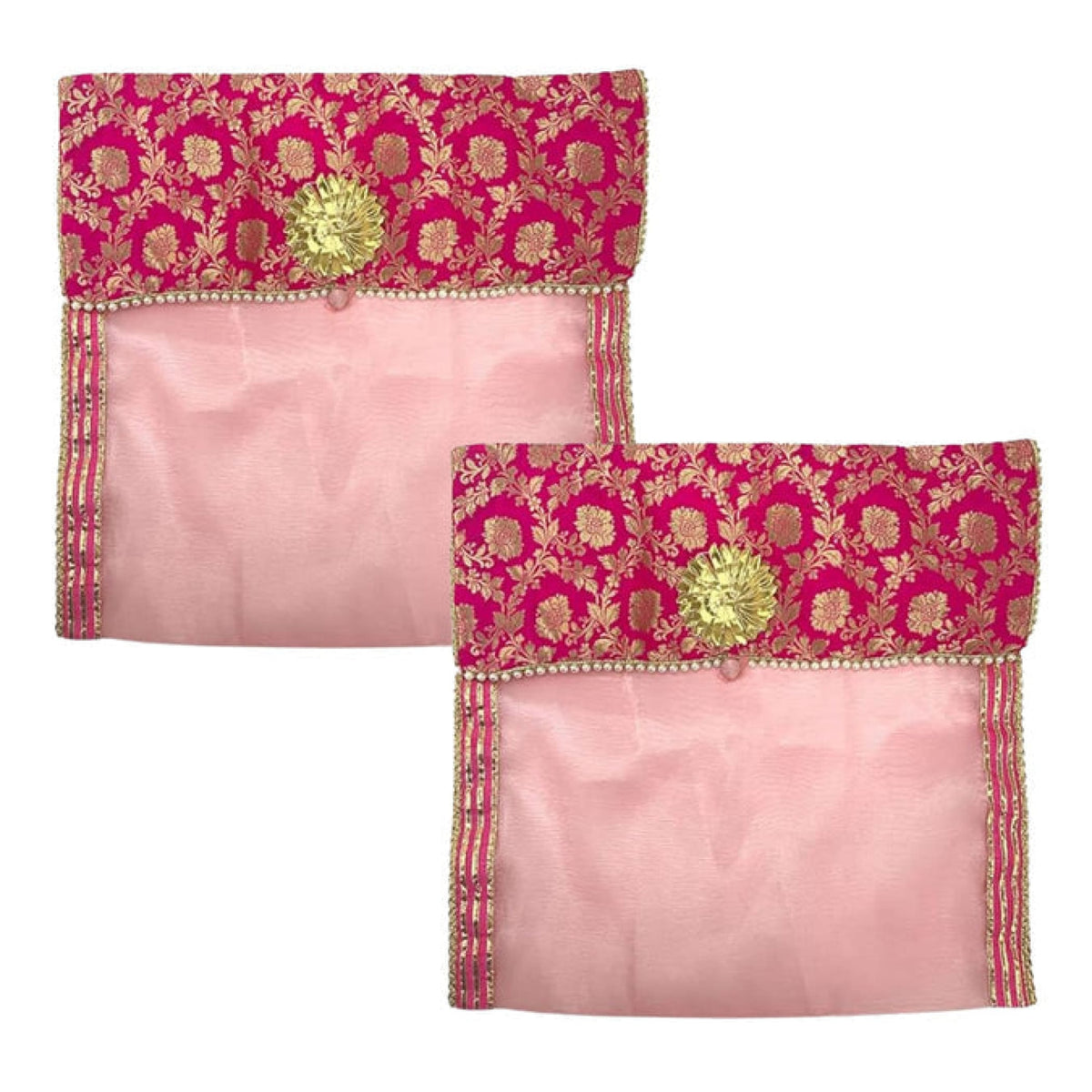 Two pink fabric saree covers with embroidered magenta and gold borders and golden floral embellishments for storage